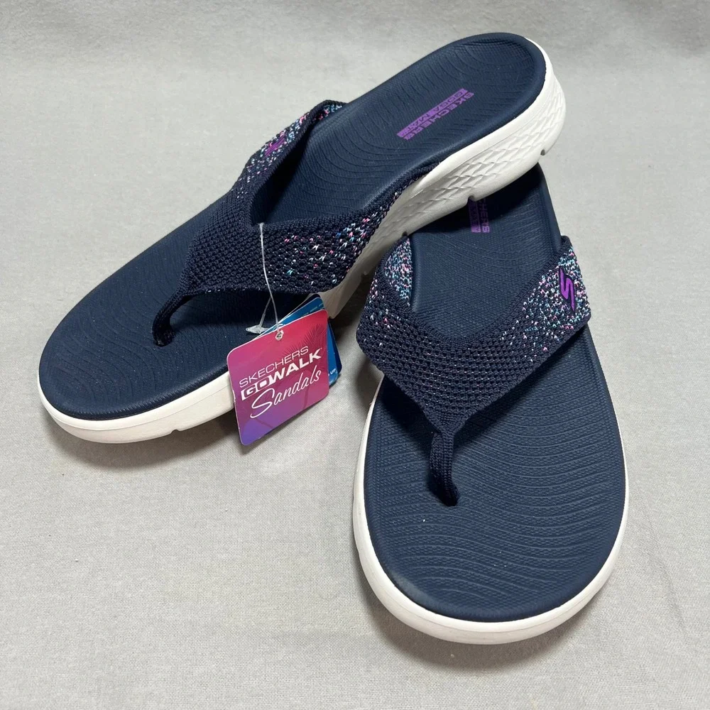 Skechers GoWalk Sandals Navy Multi Knit Thong Flip Flop Comfort Sporty Womens 11